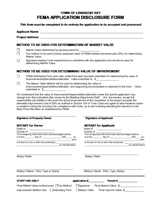 Fema Application Disclosure Form - Town Of Longboat Key Printable pdf