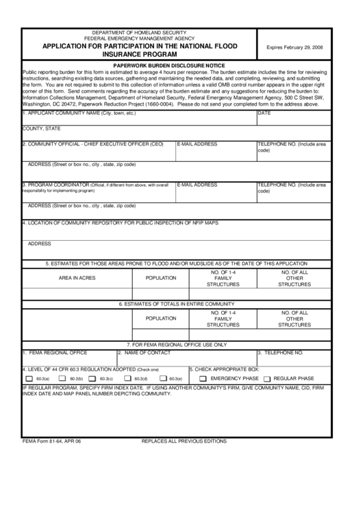 Fema Form 81-64 - Application For Participation In The National Flood Insurance Program - 2006-2008 Printable pdf