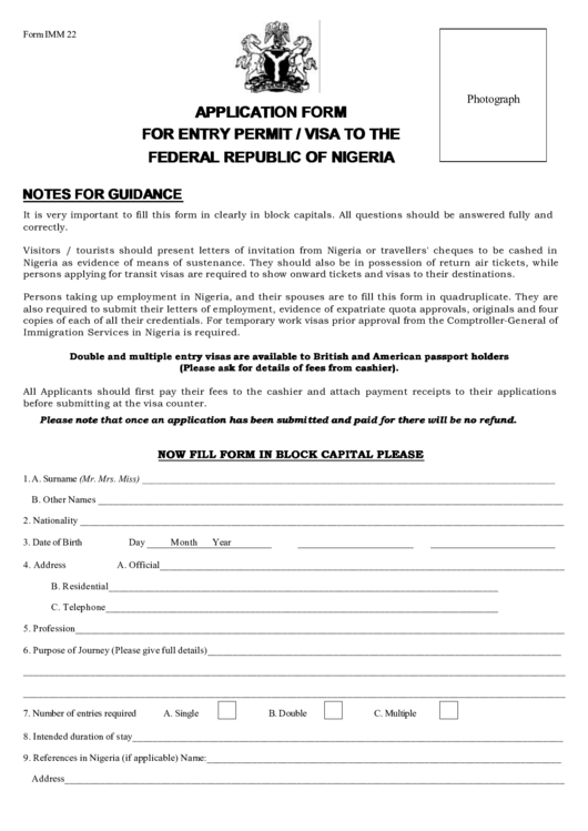 Application Form For Entry Permit / Visa To The Federal Republic Of