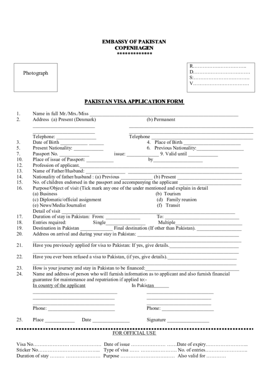 Pakistan Visa Application Form Printable pdf