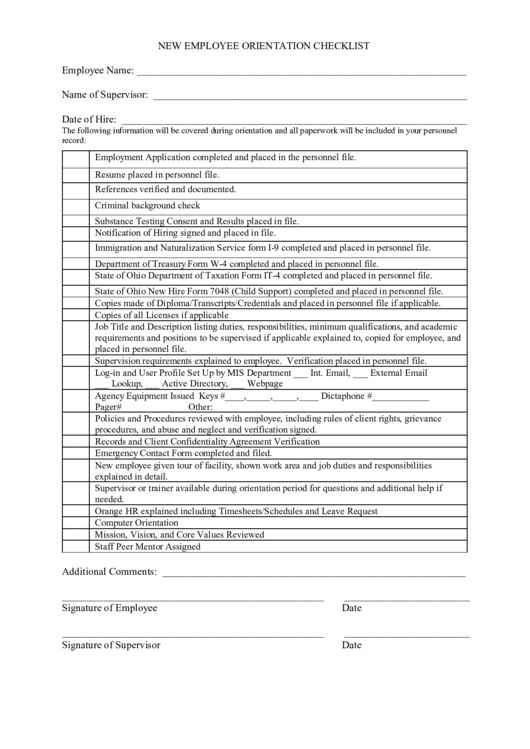 New Employee Orientation Checklist Printable pdf