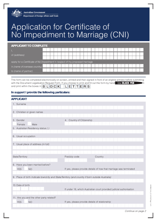 Fillable Application For Certificate Of No Impediment To Marriage (Cni) - Australia Printable pdf