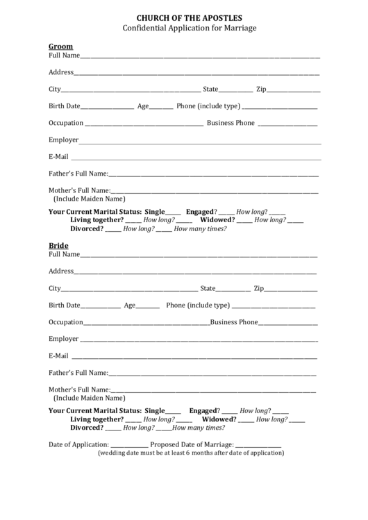 Church Of The Apostles Confidential Application For Marriage Printable pdf