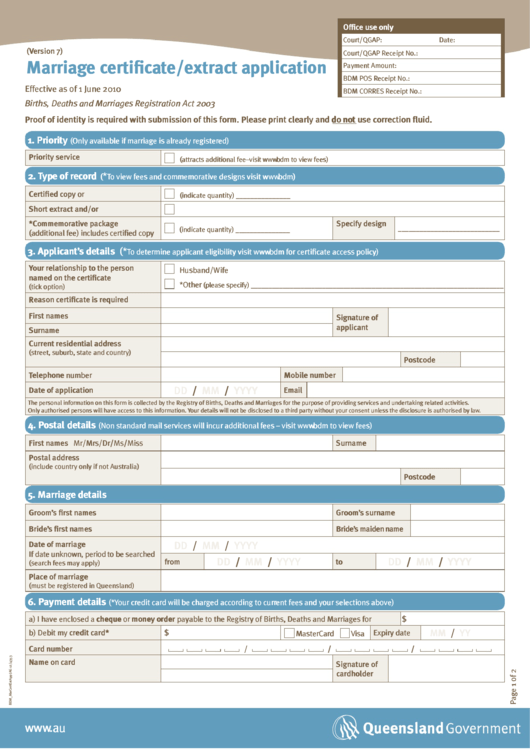 Marriage Certificate/extract Application Form - Queensland Printable pdf