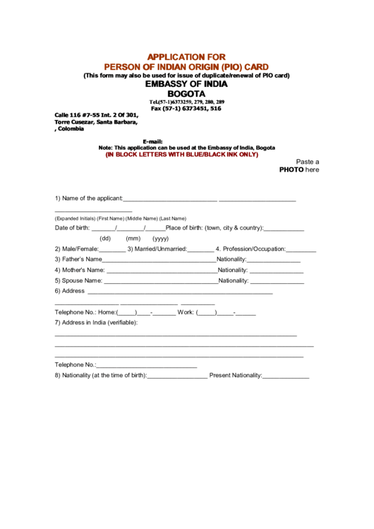 Application For Person Of Indian Origin (Pio) Card Printable pdf