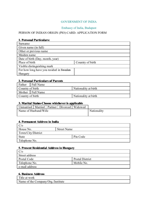Person Of Indian Origin (Pio) Card- Application Form printable pdf download alt