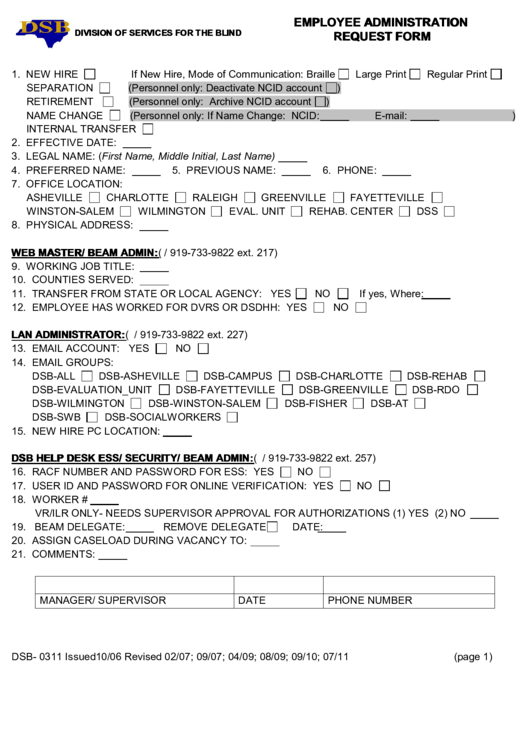 Fillable Division Of Services For The Blind Employee Administration Request Form Printable pdf