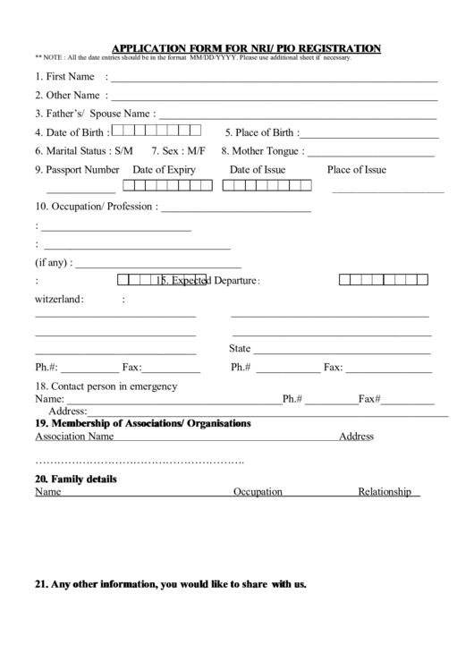 Application Form For Nri/ Pio Registration Printable pdf