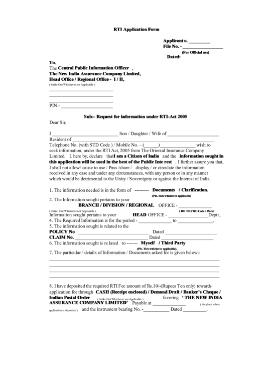 Rti Application Form Printable pdf
