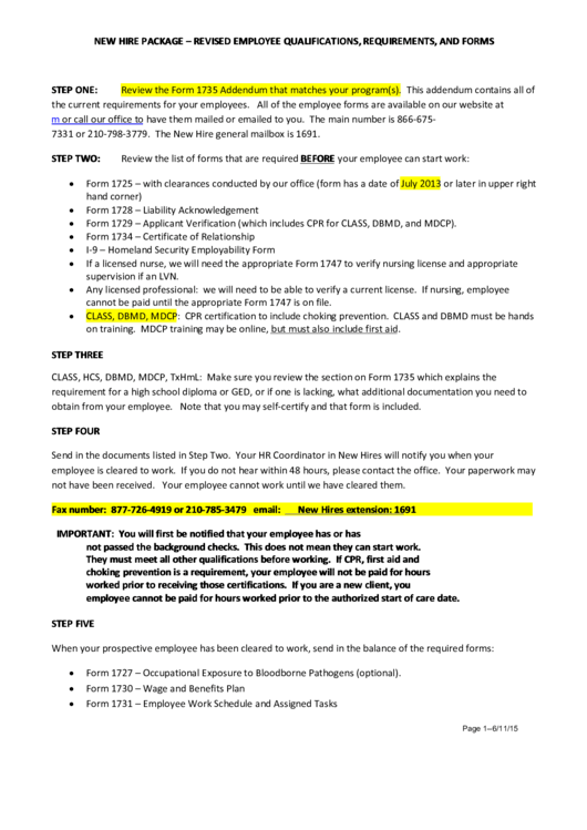 New Hire Package - Revised Employee Qualifications, Requirements, And Forms Printable pdf