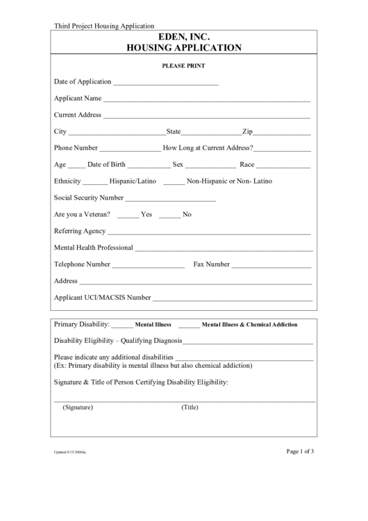 Eden, Inc. Housing Application Form Printable pdf