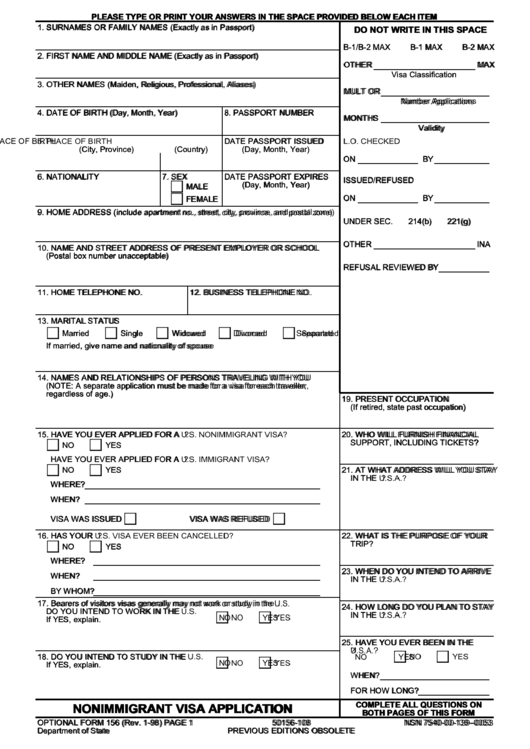 Ds Form 156 - Nonimmigrant Visa Application