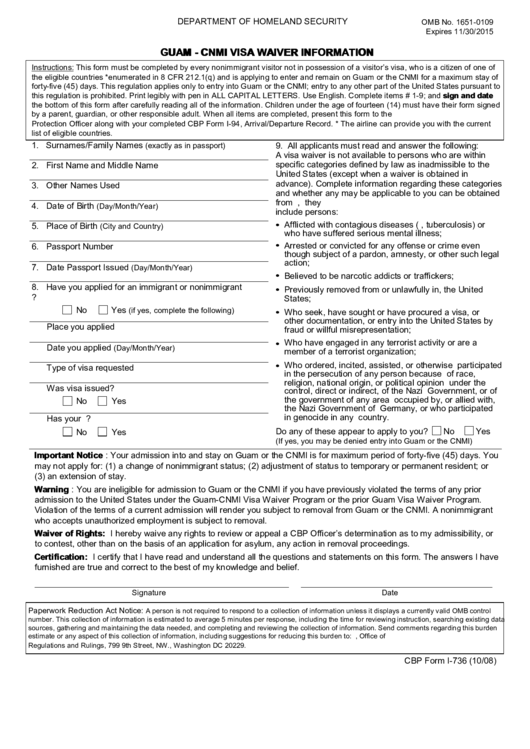 Fillable Cbp Form I-736 - Guam - Cnmi Visa Waiver Information Printable pdf