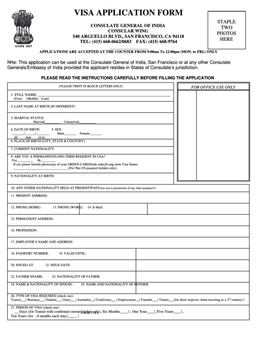 Fillable Visa Application Form Consulate General Of India Printable