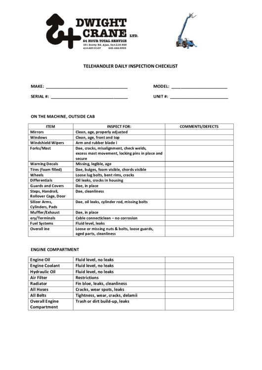 Telehandler Daily Inspection Checklist Template Printable pdf