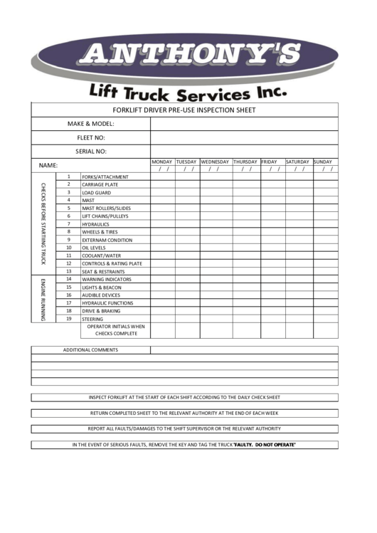Forklift Driver Pre-Use Inspection Sheet Printable pdf