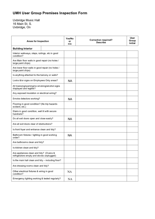 Umh User Group Premises Inspection Form Printable pdf