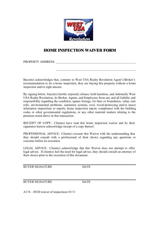 Home Inspection Waiver Form Printable pdf