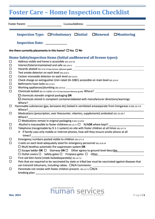 Foster Care - Home Inspection Checklist