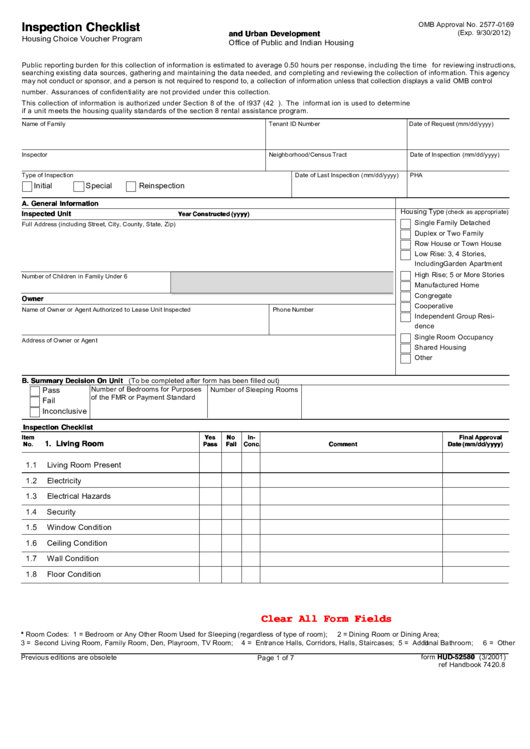 Fillable Housing Choice Voucher Program Inspection Checklist (Omb Approval No. 2577-0169) Printable pdf
