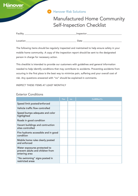 Manufactured Home Community Self-Inspection Checklist Template Printable pdf