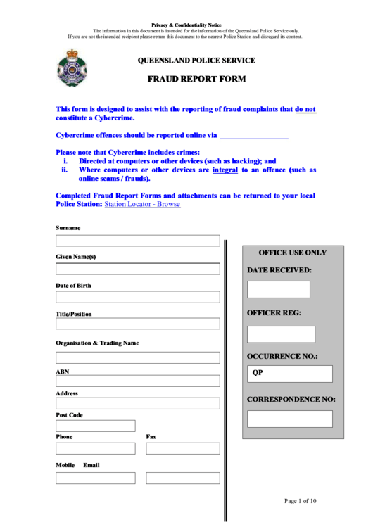 Fraud Report Form Printable pdf