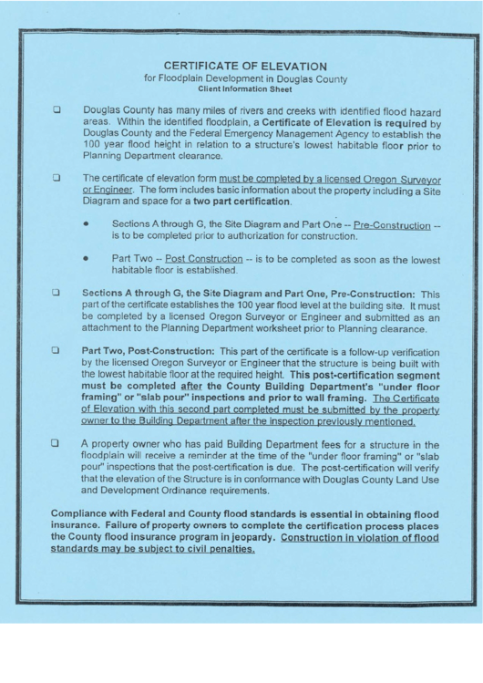 Elevation Certificate Template - Douglas County Printable pdf