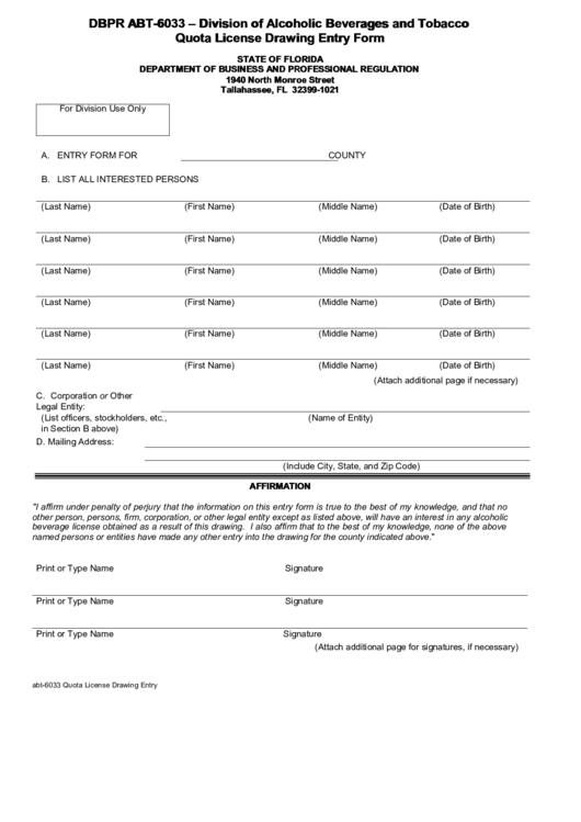 Fillable Division Of Alcoholic Beverages And Tobacco Quota License Drawing Entry Form Printable pdf