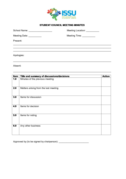 Student Council Meeting Minutes Template Printable pdf