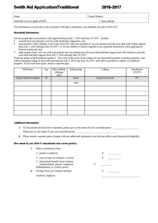 Smith Aid Application/traditional U.s. Students Printable pdf