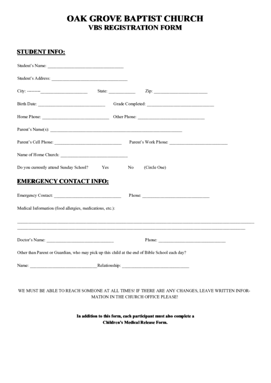 Vbs Registration Form Printable pdf