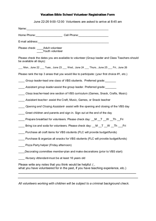 Sample Vacation Bible School Volunteer Registration Form Printable pdf