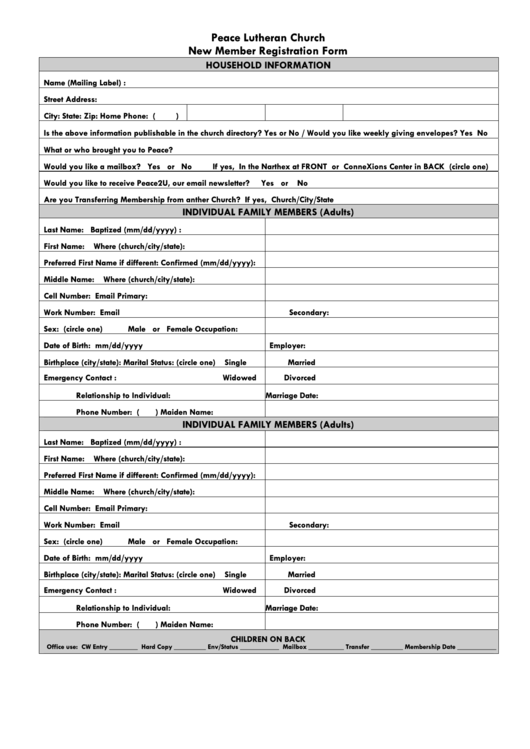 Church New Member Registration Form Printable pdf