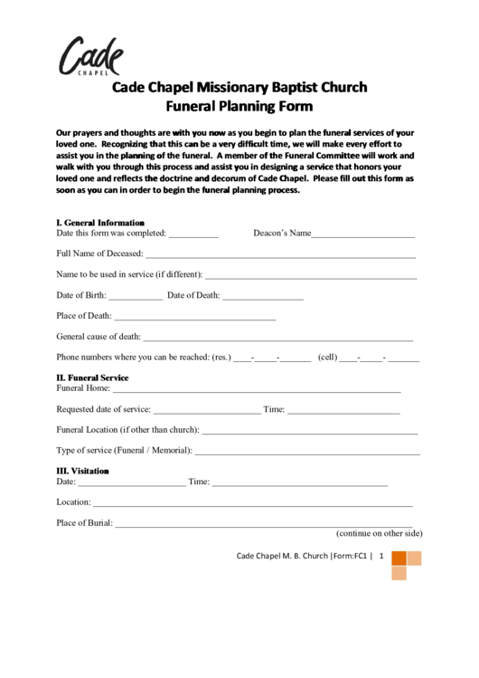 Fillable Cade Chapel Missionary Baptist Church Funeral Planning Form Printable pdf