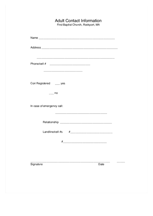 Adult Contact Information Printable pdf