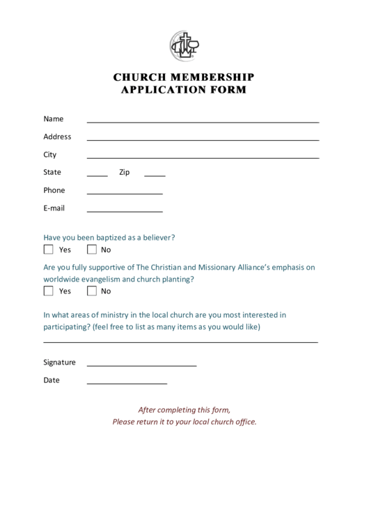 Fillable Church Membership Application Form Printable pdf