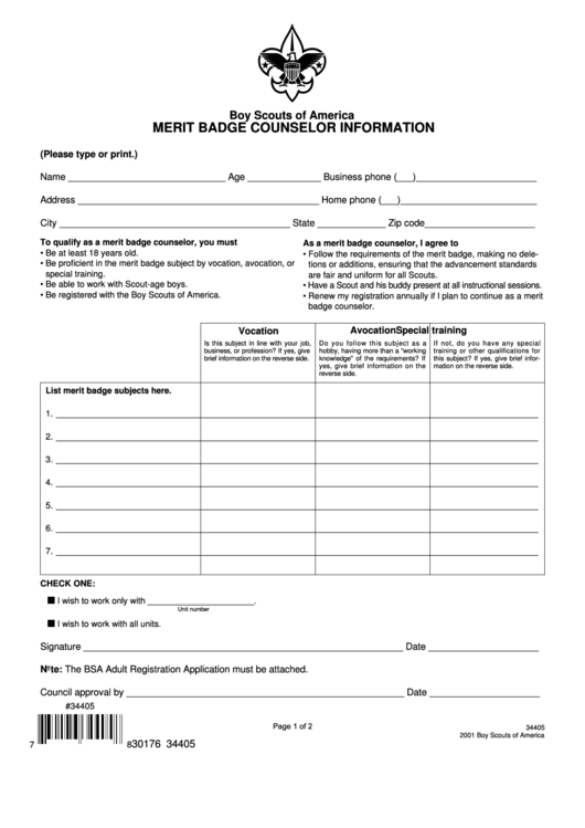 Fillable Merit Badge Counselor Information Form Printable pdf