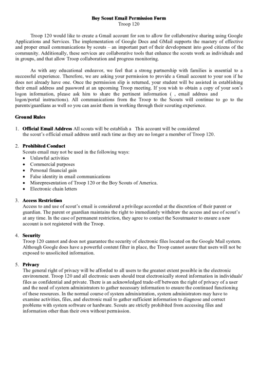 Boy Scout Email Permission Form Printable pdf