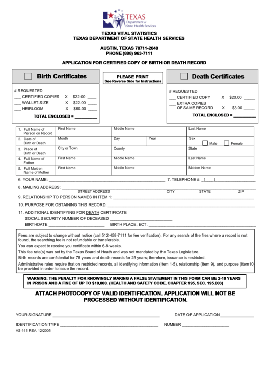 Texas Department Of State Health Services Application For Certified Copy Of Birth Or Death Record Printable pdf