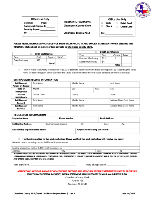 Chambers County Birth/death Record Information Release Form 2015 Printable pdf