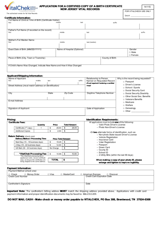 New Jersey Application For A Certified Copy Of A Birth Certificate Printable pdf