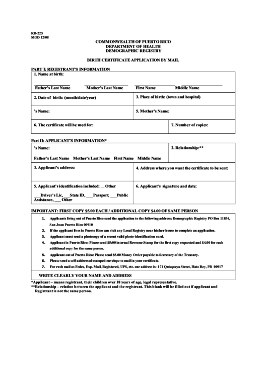 Commonwealth Of Puerto Rico Birth Certificate Application By Mail Printable pdf