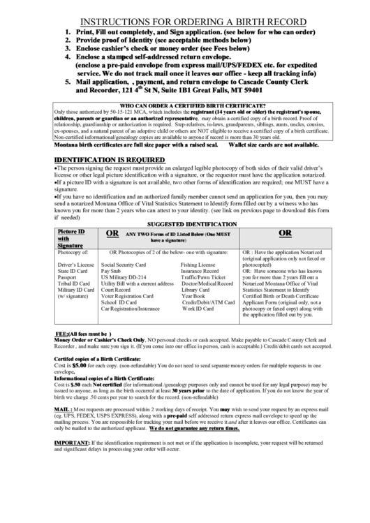 Montana Birth Certificate Application Printable pdf