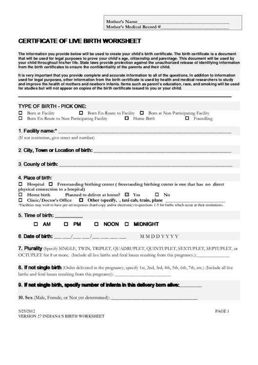 Indiana Certificate Of Live Birth Worksheet Template