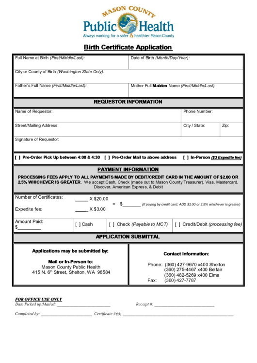 Mason County Birth Certificate Application Printable pdf