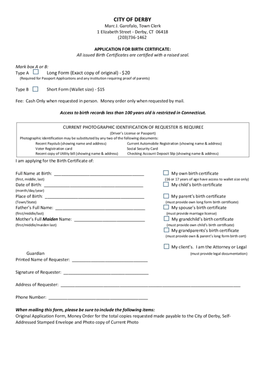 City Of Derby Application For Birth Certificate: Printable pdf