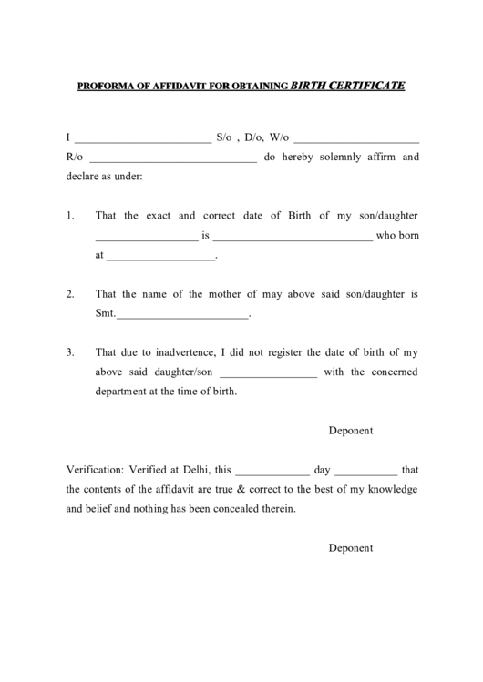 Proforma Of Affidavit For Obtaining Birth Certificate Printable pdf