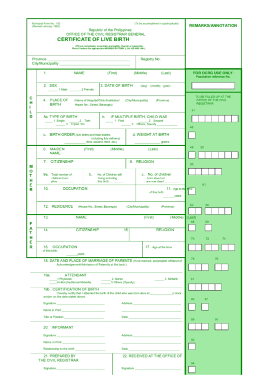 Republic Of The Philippines Certificate Of Live Birth Printable pdf