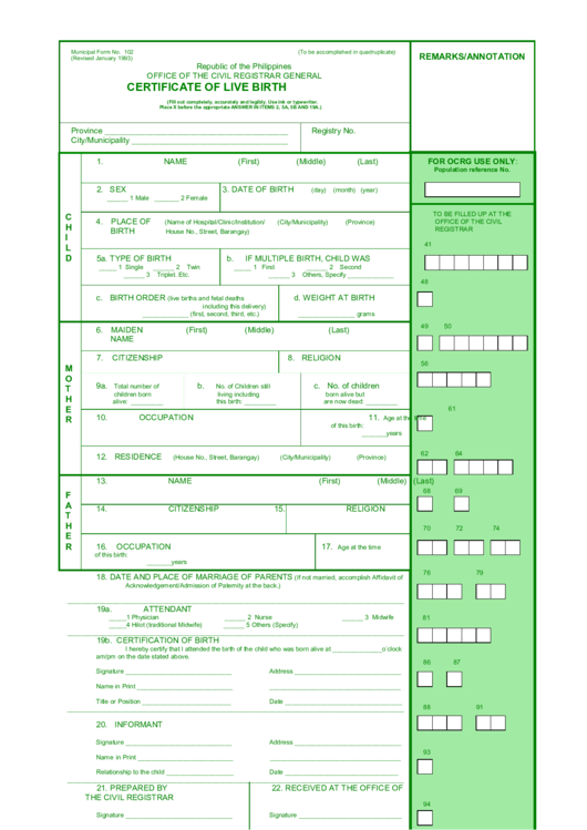 Republic Of The Philippines Certificate Of Live Birth Printable Pdf 293 2923