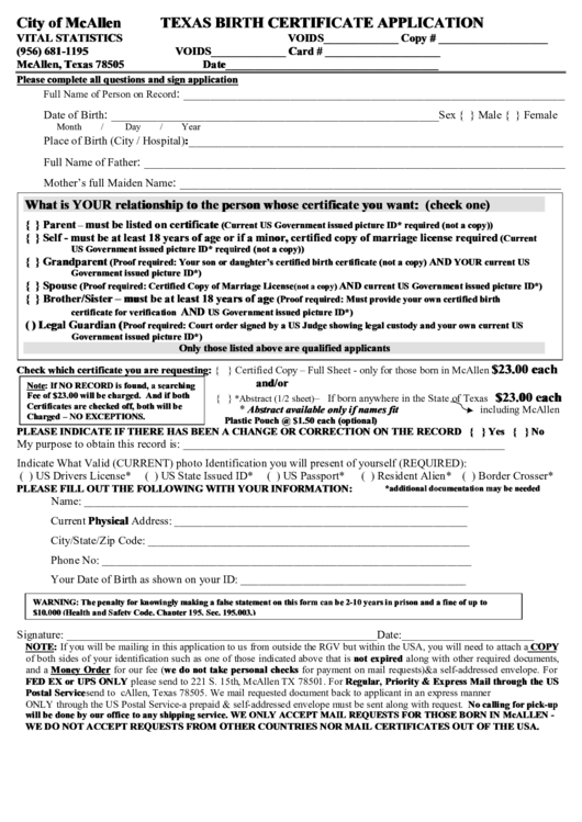 City Of Mcallen Texas Birth Certificate Application Printable pdf
